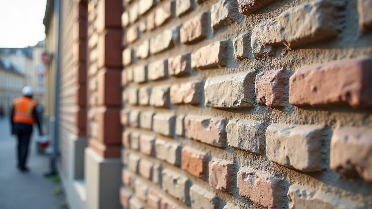 Ensemble de façades en brique et en pierre le long d'une rue, matières et teintes différentes côte à côte