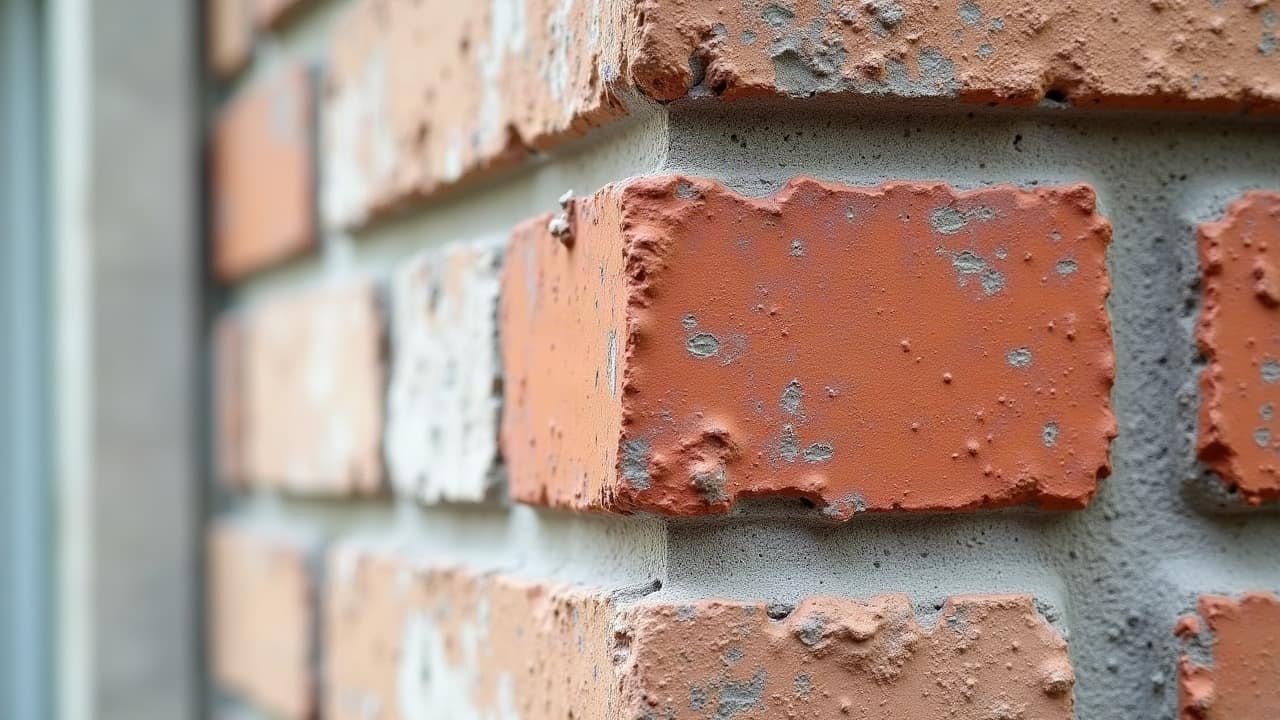 Jonction sur un même pan de mur entre une partie de brique laissée apparente et une partie recouverte d'un enduit clair