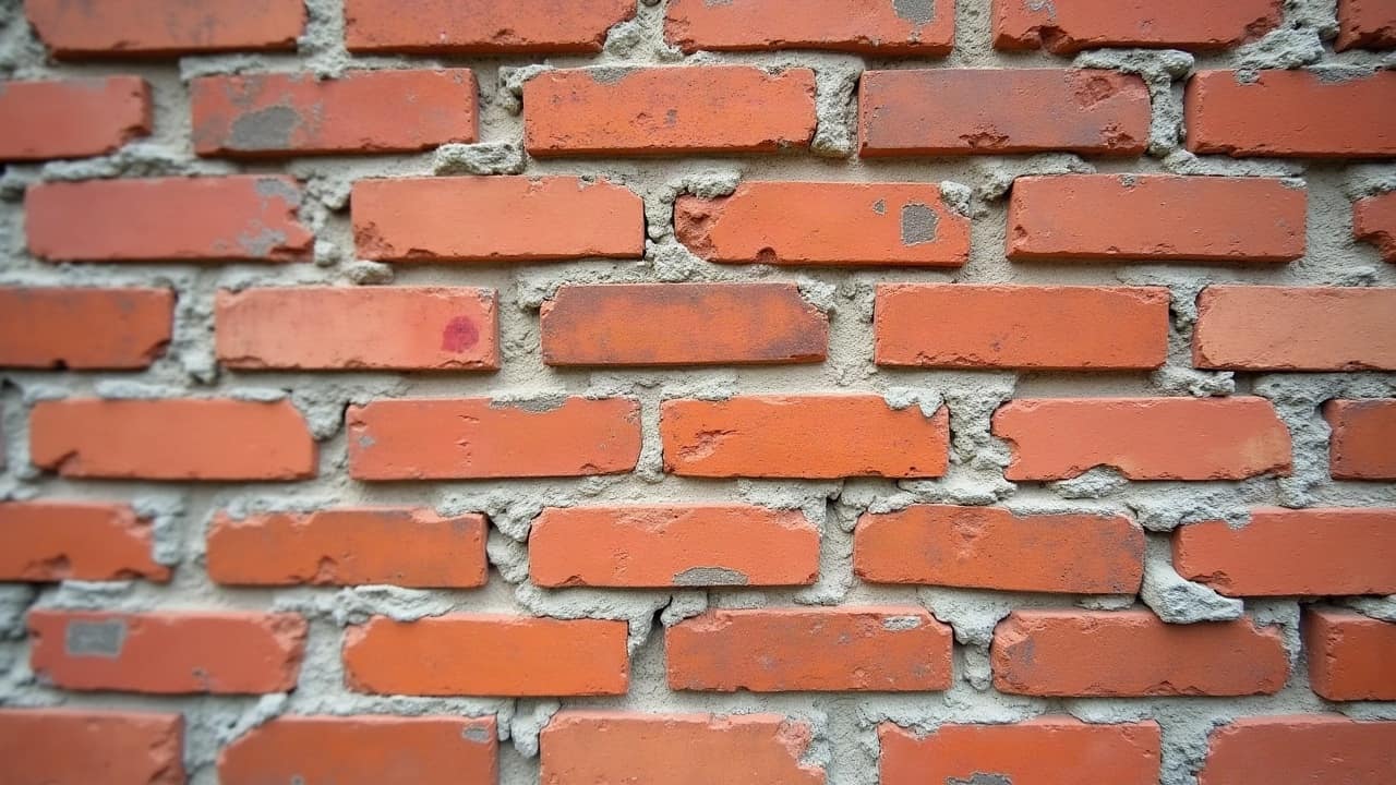 Surface d'un mur de brique rouge dont plusieurs éléments montrent un feuilletage superficiel, la face externe se détachant par fines écailles