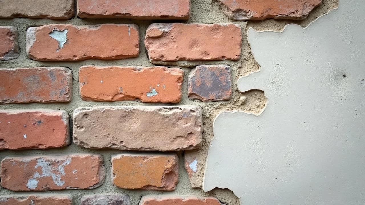 Pan de mur en brique recouvert d'une ancienne peinture qui s'écaille par plaques, laissant apparaître la brique nue par endroits