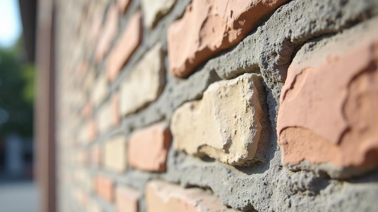 Surface d'un enduit de façade où une fine craquelure s'est ouverte, laissant deviner un début de décollement local