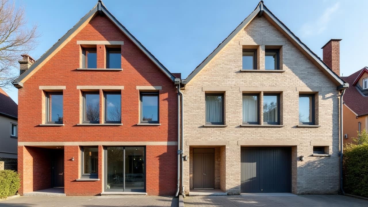 Deux bâtiments côte à côte, l'un en brique rouge de la reconstruction et l'autre en pierre calcaire d'un bourg ancien