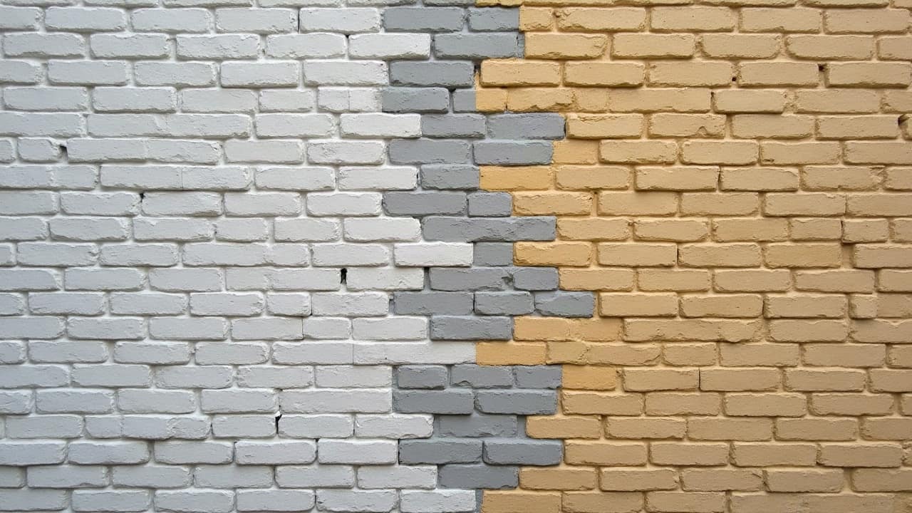 Façade en brique et en enduit partiellement rénovée, deux textures visibles côte à côte sur un même mur