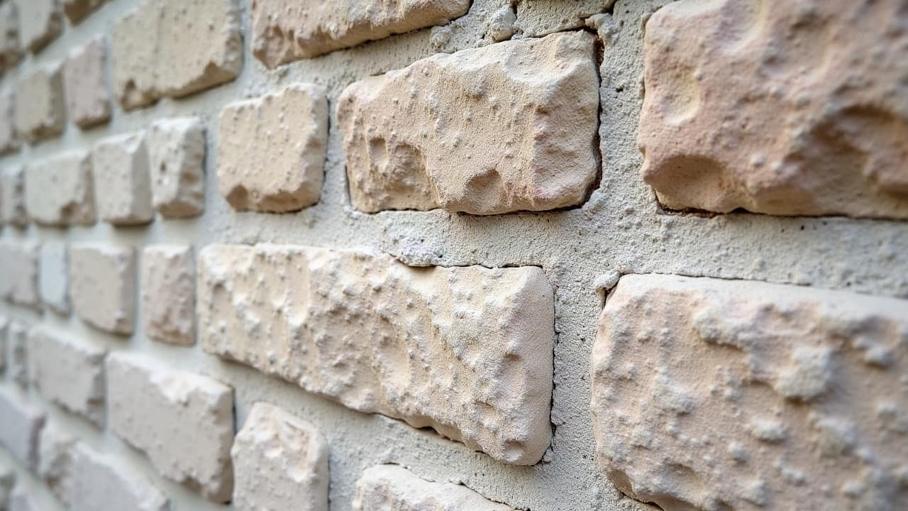 Voile blanchâtre de sels minéraux affleurant à la surface d'un mur de brique, dessinant des marbrures irrégulières