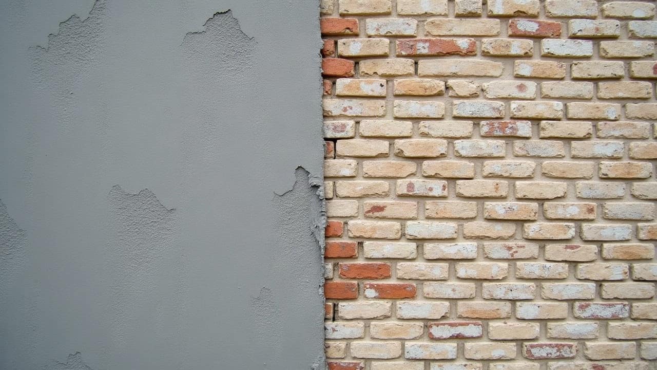 Jonction entre une partie de mur en brique apparente et une partie enduite à la texture grattée, sur un même bâtiment