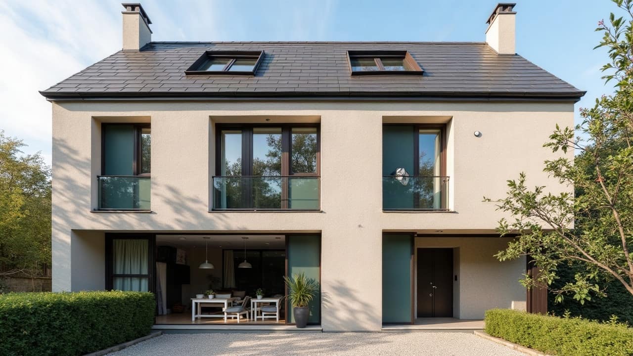Deux pans de mur d'un même bâtiment, l'un en brique nette côté rue, l'autre plus terne et humide côté cour