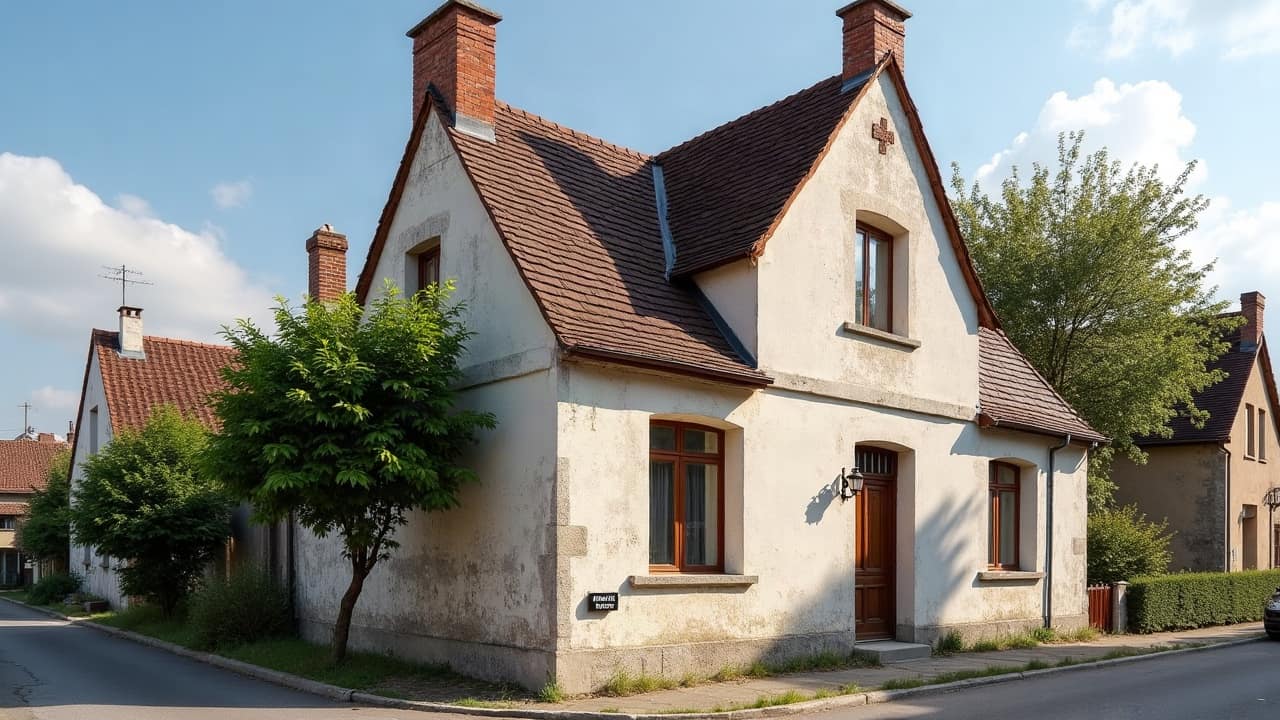 Façade traitée d'une maison ancienne dans l'Aisne, enduit neuf et reprise soignée autour des fenêtres, vue d'ensemble depuis la rue
