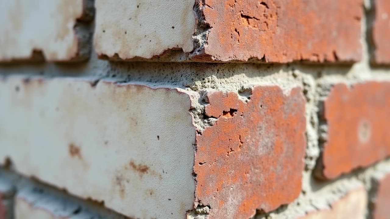 Fine fissure verticale suivant exactement la limite entre un soubassement en pierre calcaire et une élévation en brique