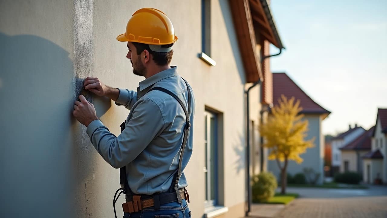 Façadier appliquant un enduit de finition au couteau sur une façade reprise en profondeur, geste précis, une seule main visible