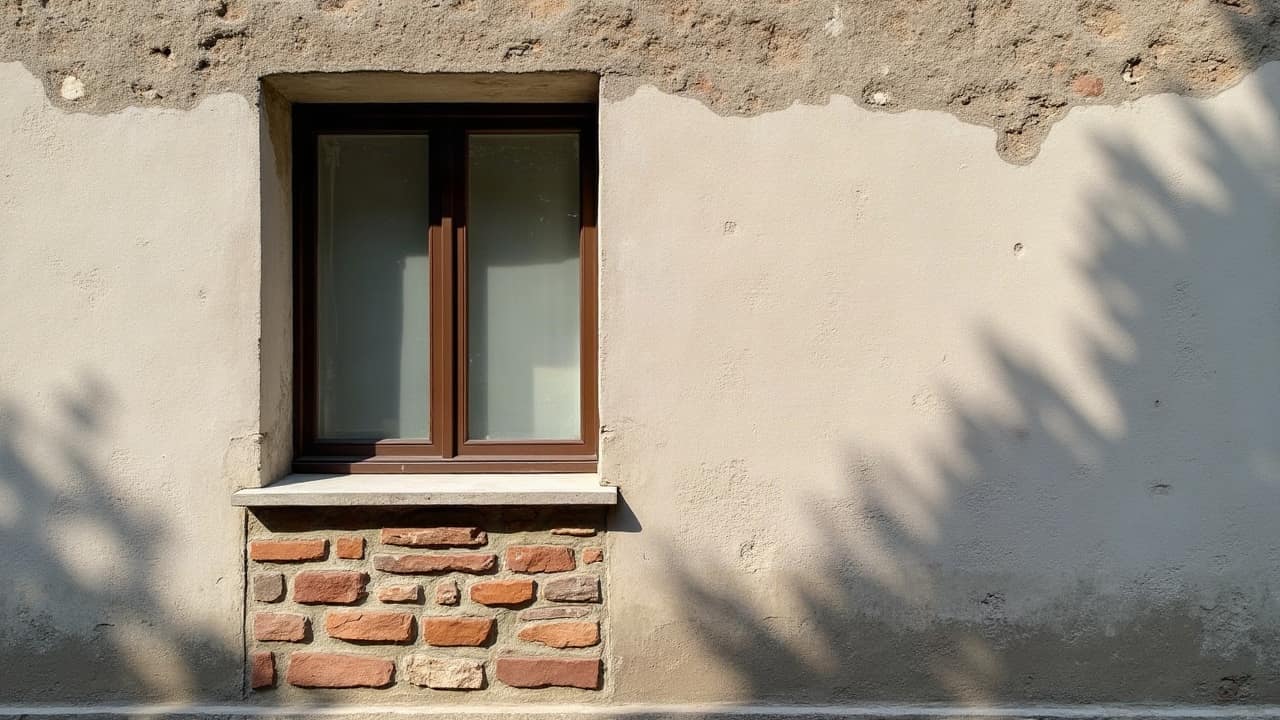 Portion de mur enduit présentant un léger effet de brillance inhabituel sous la lumière, contrastant avec une zone mate voisine