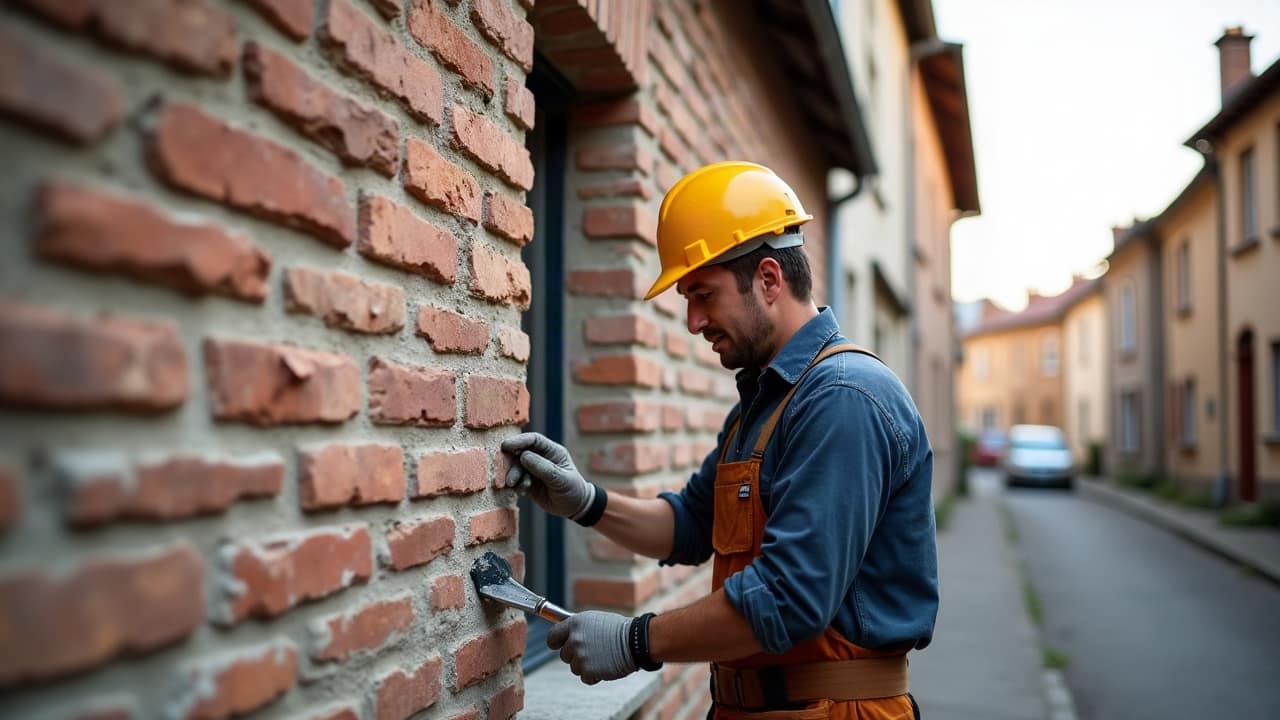 Façadier rejointoyant un mur de brique au fer à jointer, mortier frais entre les briques, geste précis, une seule main visible