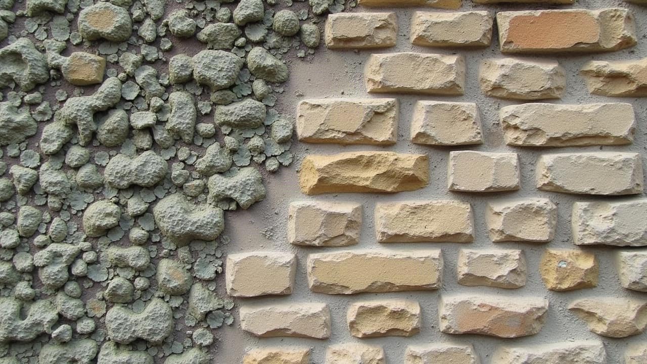 Portion de mur en pierre calcaire recouverte de taches de lichen gris-vert, dans une zone d'ombre constante entre deux bâtiments