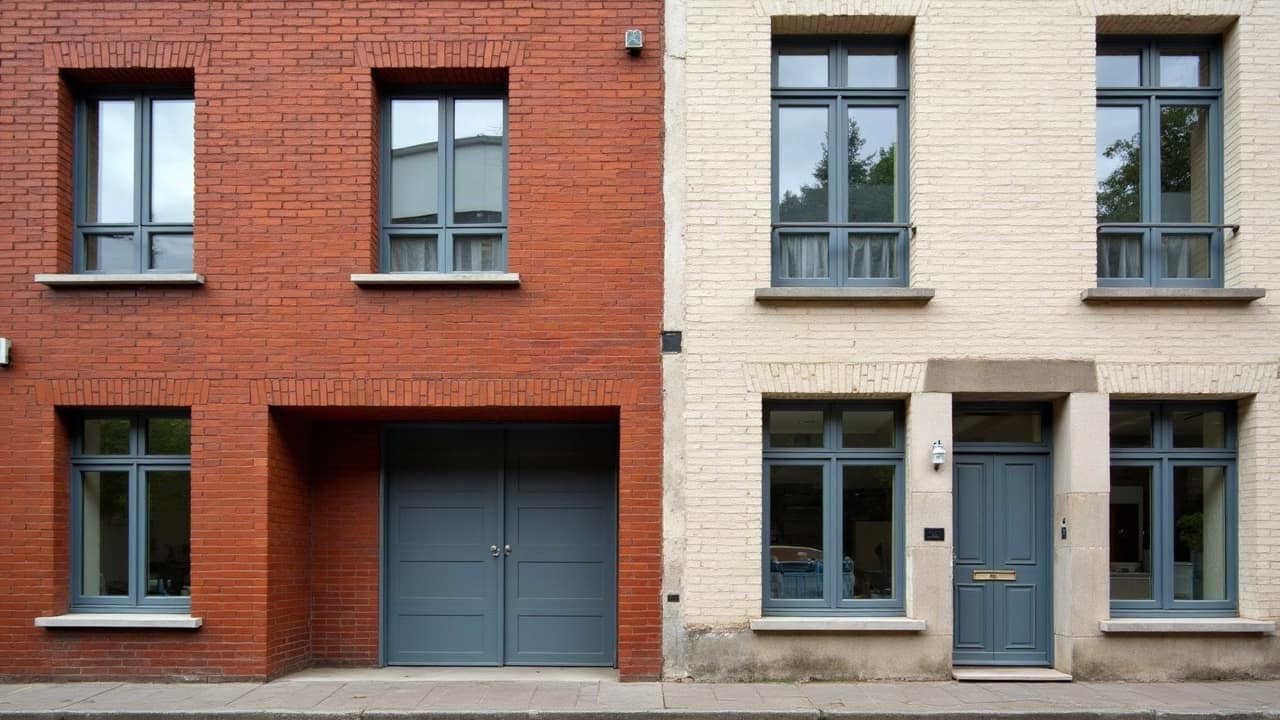 Deux façades côte à côte, l'une en brique rouge apparente et l'autre en pierre calcaire enduite, matières nettement distinctes