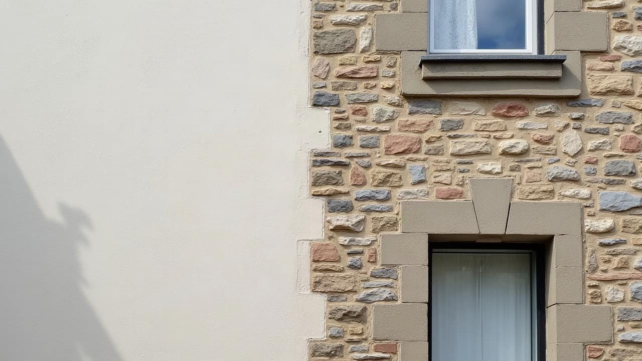 Façade en pierre partiellement nettoyée, moitié claire et dégagée à côté d'une moitié encore couverte de salissures