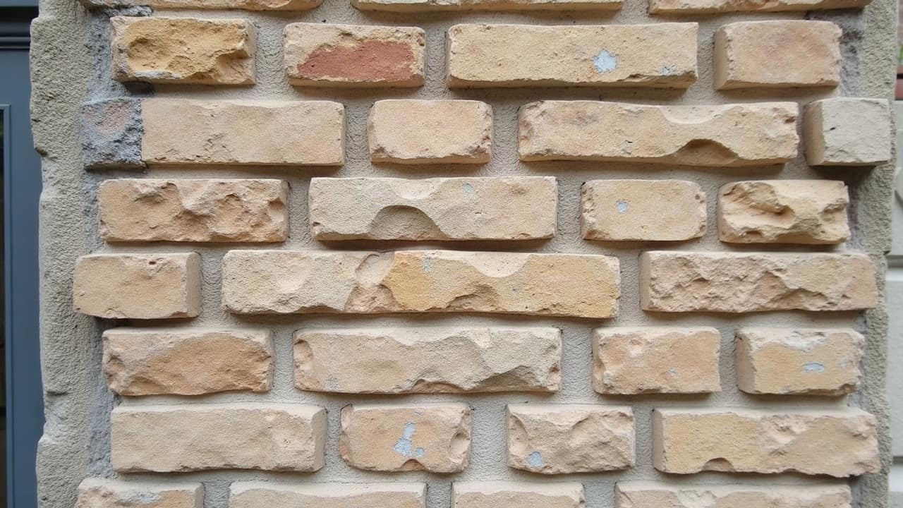 Pan de mur en brique légèrement encrassé, une bande verticale plus claire montrant l'effet d'un nettoyage doux déjà en cours