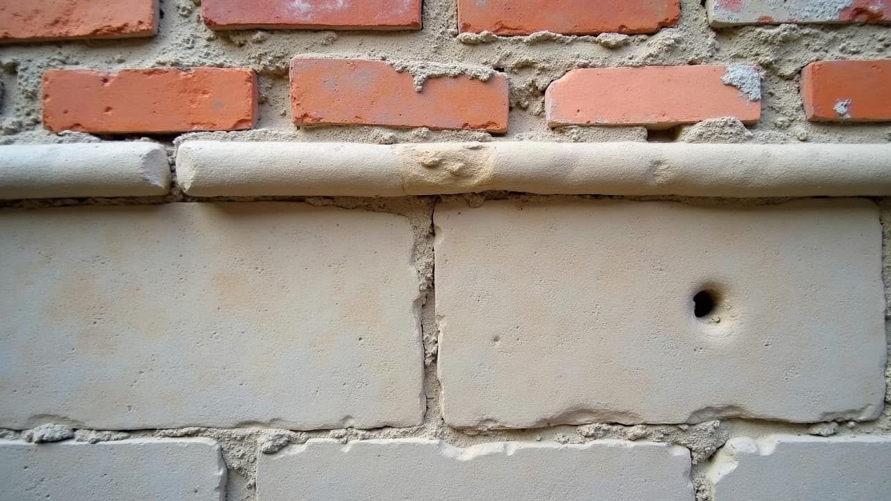 Base d'un mur en pierre calcaire où la matière s'effrite et perd du volume sur une bande basse, juste au-dessus du sol