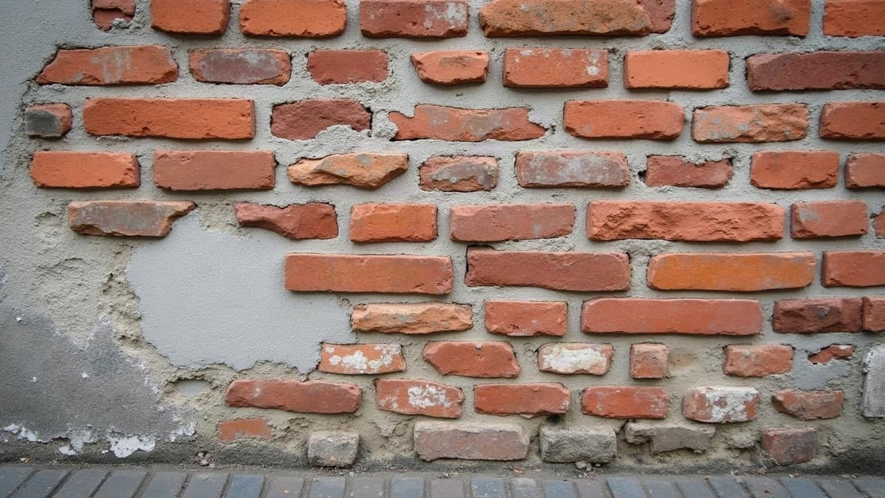 Portion de mur en brique où quelques éléments ont été remplacés récemment, teinte légèrement plus vive que les briques anciennes voisines