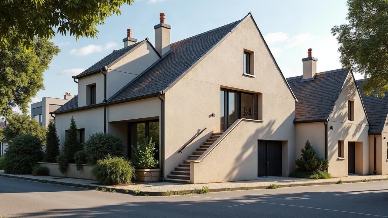 Façade enduite dans une rue étroite, mur en partie dans l'ombre portée d'un bâtiment voisin et en partie en pleine lumière