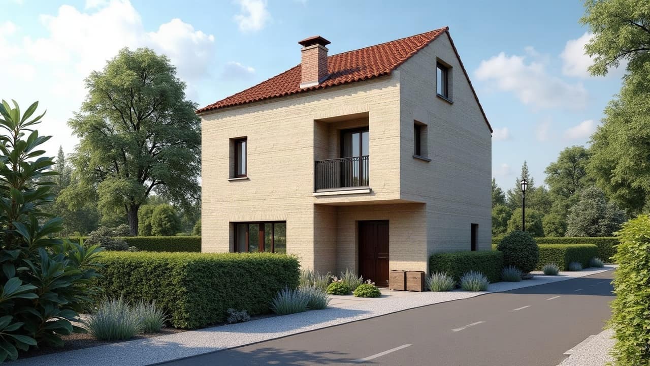 Façade d'une maison entièrement ravalée avec enduit neuf, échafaudage retiré, vue d'ensemble depuis la rue