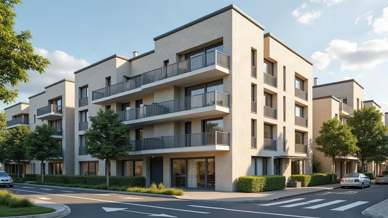 Façade d'un immeuble de copropriété dans l'Aisne à l'enduit neuf et uniforme, vue d'ensemble depuis la rue