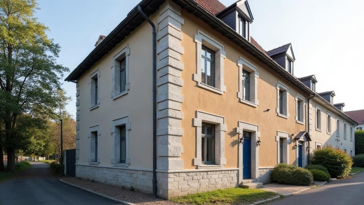 Angle d'une façade récemment ravalée, enduit uniforme sans aucune trace de désordre visible