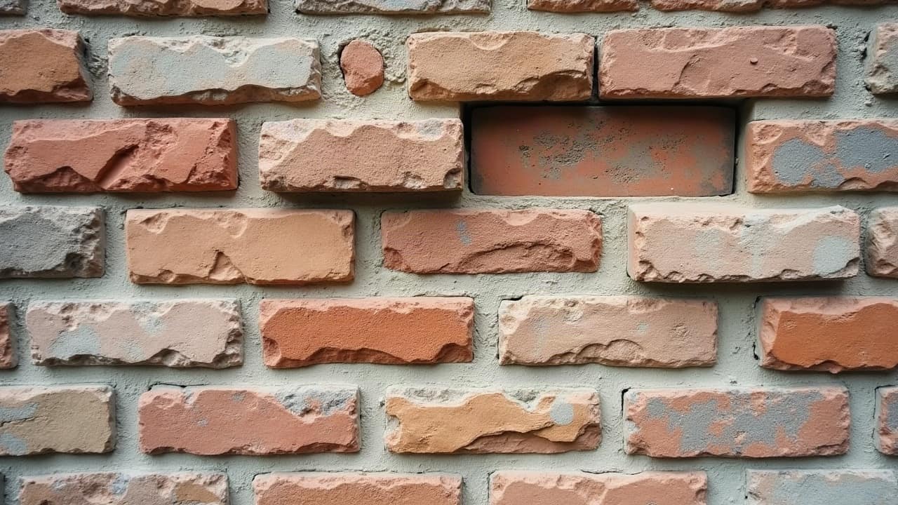 Pan de mur en brique avec deux briques clairement plus dégradées que leurs voisines, contraste de texture visible