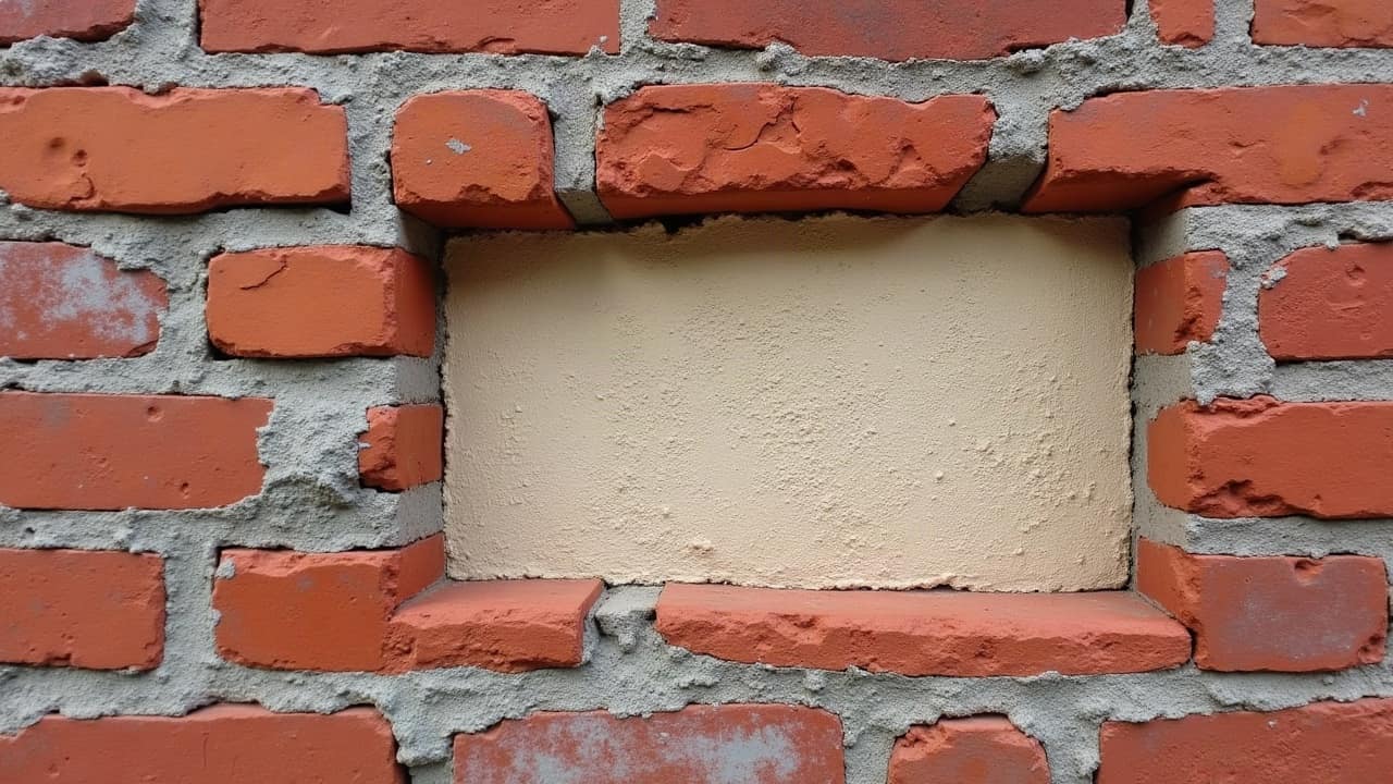 Écaille de peinture ancienne retirée à la spatule, révélant une brique rouge saine juste en dessous