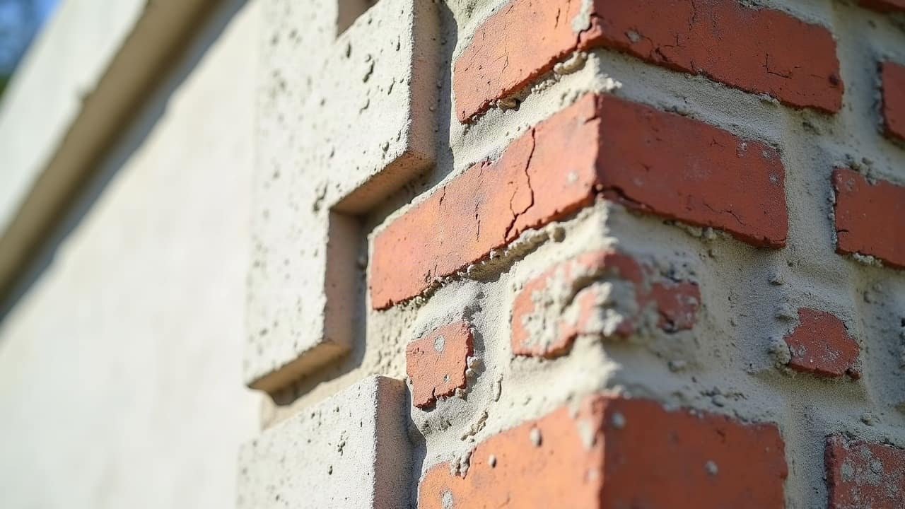 Détail d'un angle de mur en brique où la peinture ancienne forme une bordure nette avec la matière décapée