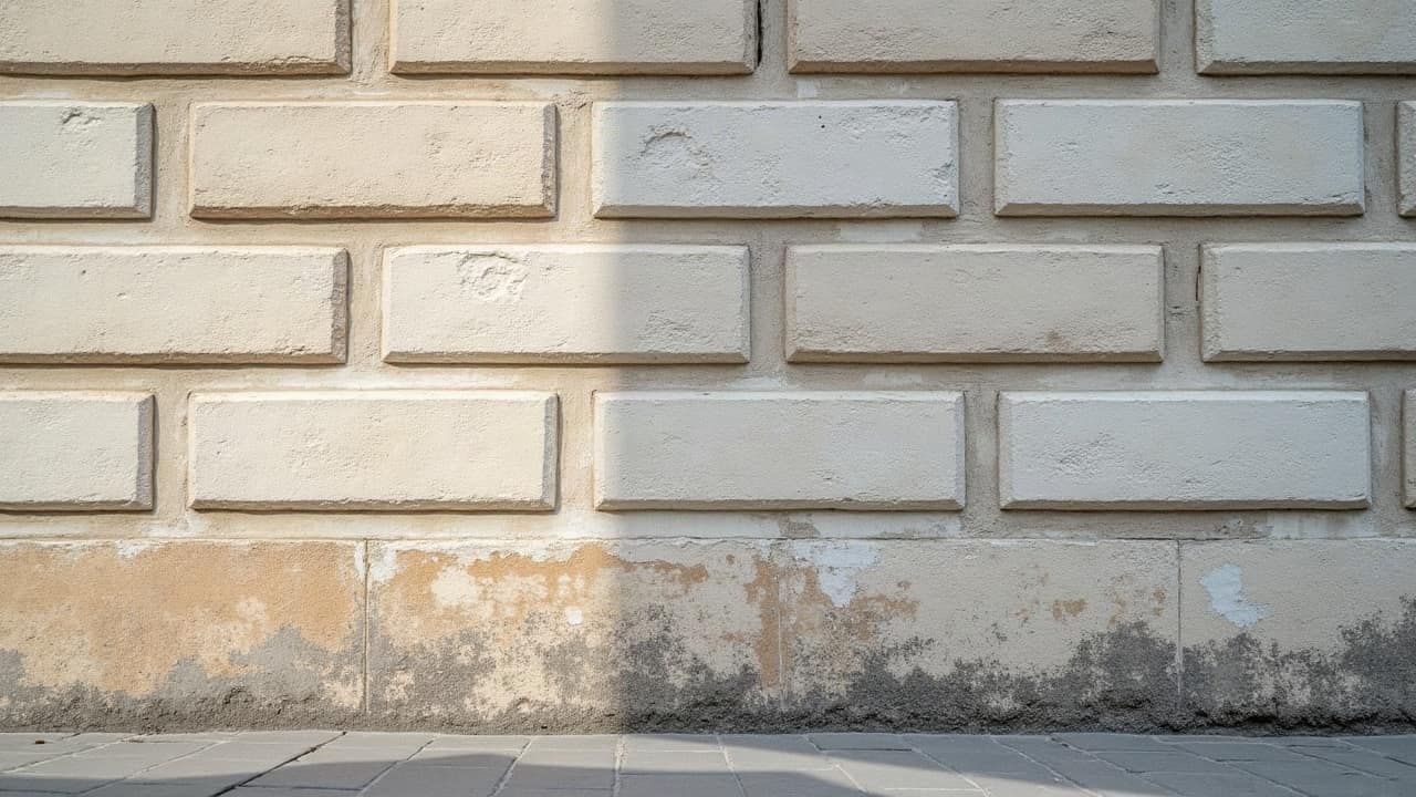 Portion de mur en calcaire tendre nettoyée par petites touches, contraste net avec la zone encore encrassée à côté