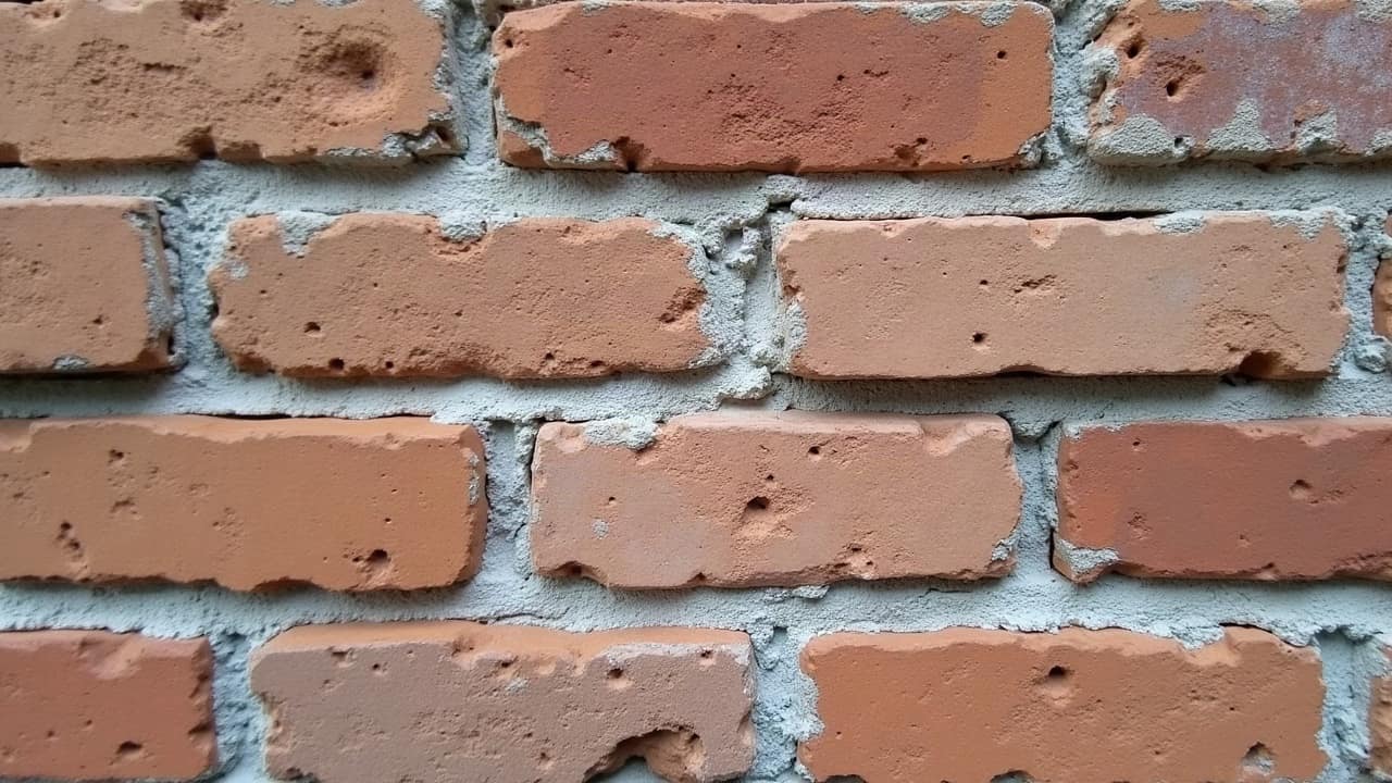 Détail de joints de brique fraîchement rejointoyés, teinte du mortier légèrement plus claire que la brique environnante