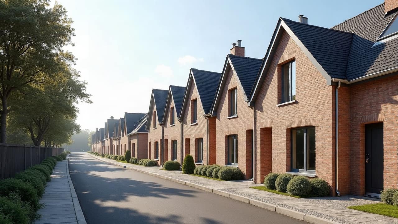 Vue d'ensemble d'une rangée de façades en brique de teintes homogènes le long d'une même rue