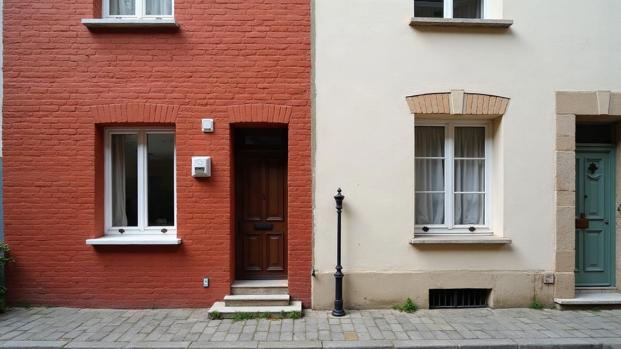 Mur en brique rouge et mur en pierre calcaire côte à côte à l'angle d'une même rue, deux matières nettement distinctes