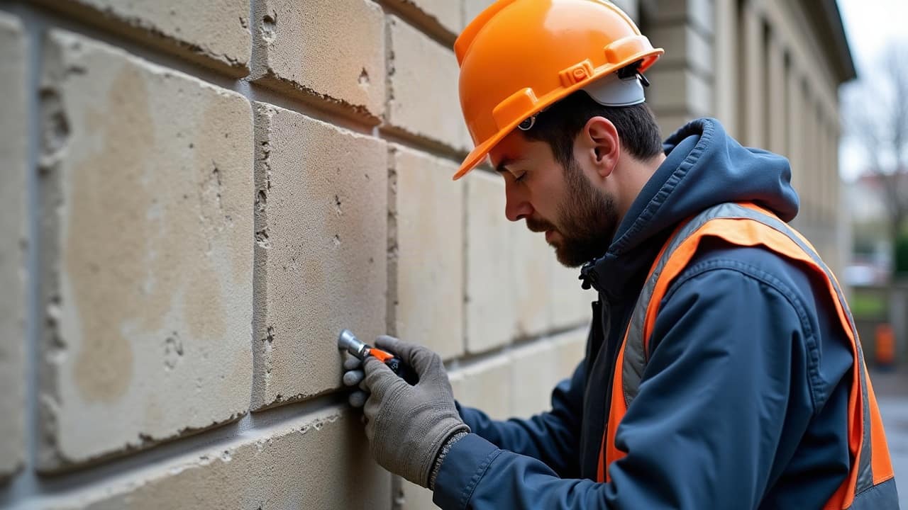 Façadier examinant de près un pan de mur, main non visible sur l'image, attention portée sur la texture de la matière