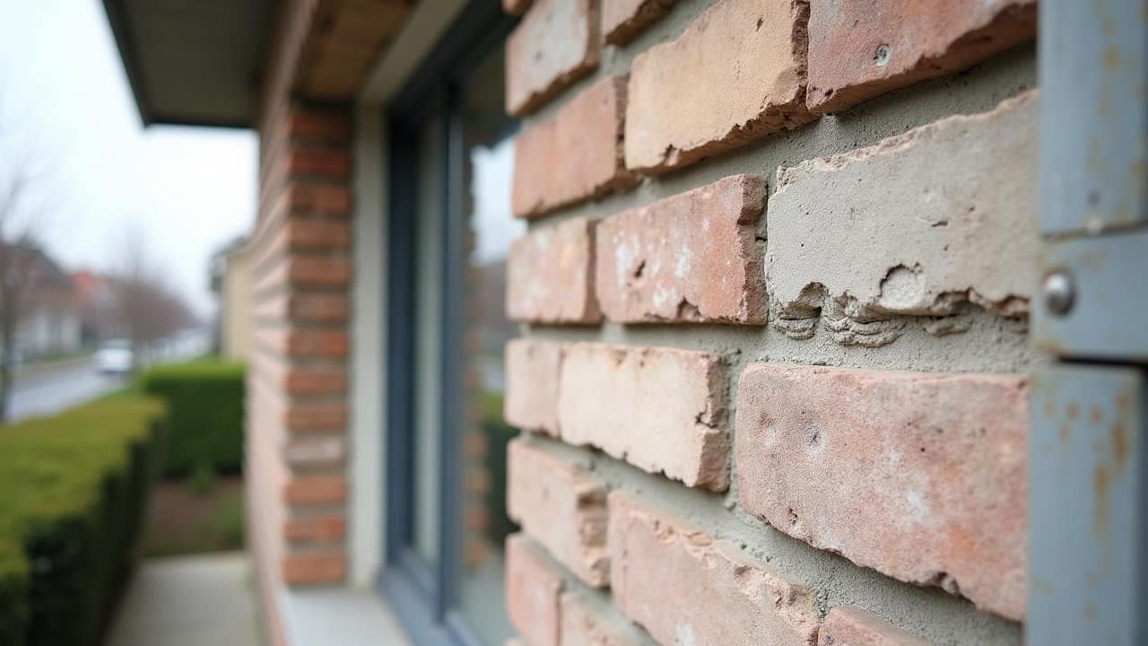 Détail d'un devis de chantier posé sur un rebord de fenêtre, avec en arrière-plan une portion de façade en brique