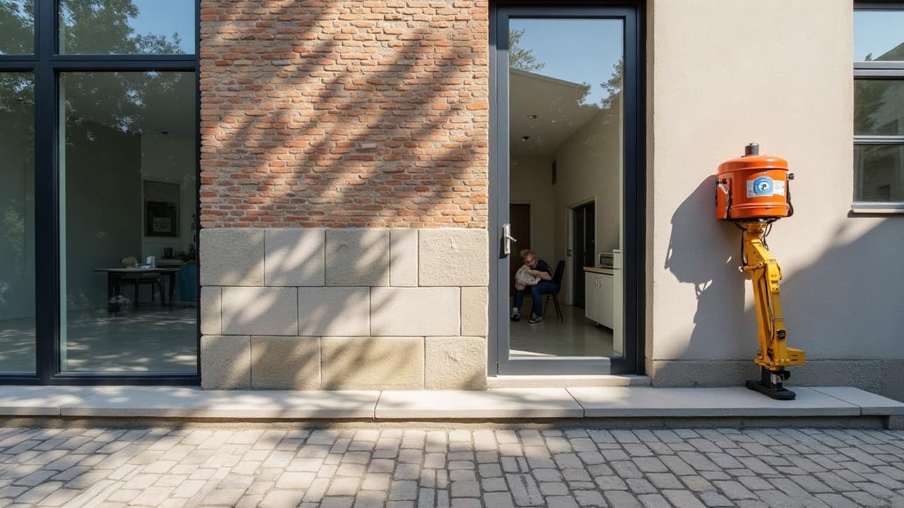 Base d'un échafaudage installé au pied d'une façade, ancrages fixés sur le trottoir devant le mur