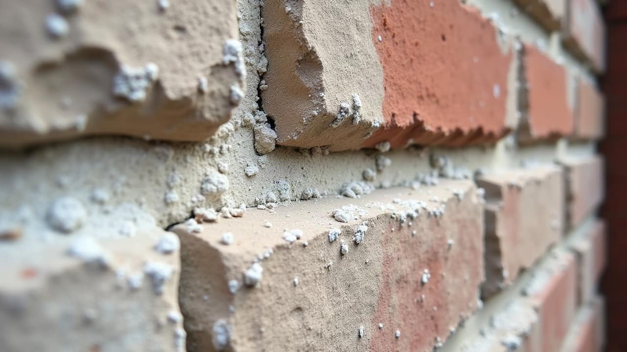 Détail d'un joint de brique où le dépôt blanc cristallin est concentré le long du mortier