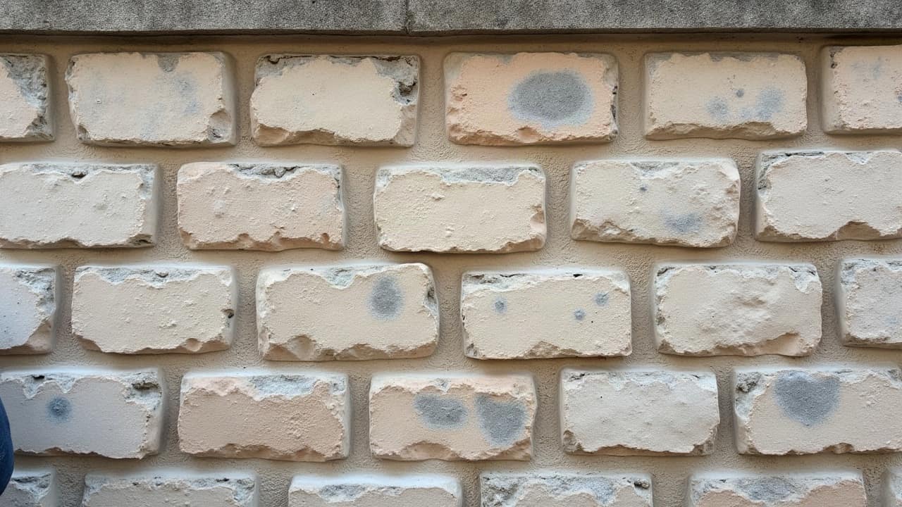 Bas de mur avec plusieurs cloques d'enduit bien visibles, certaines déjà éclatées laissant apparaître la maçonnerie humide en dessous