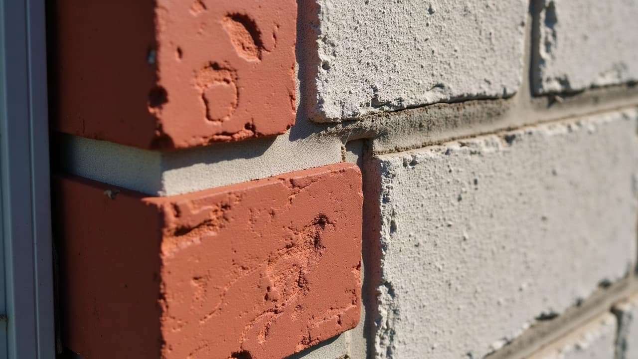 Détail de la jonction entre un soubassement en pierre calcaire et une élévation en brique rouge sur une même façade
