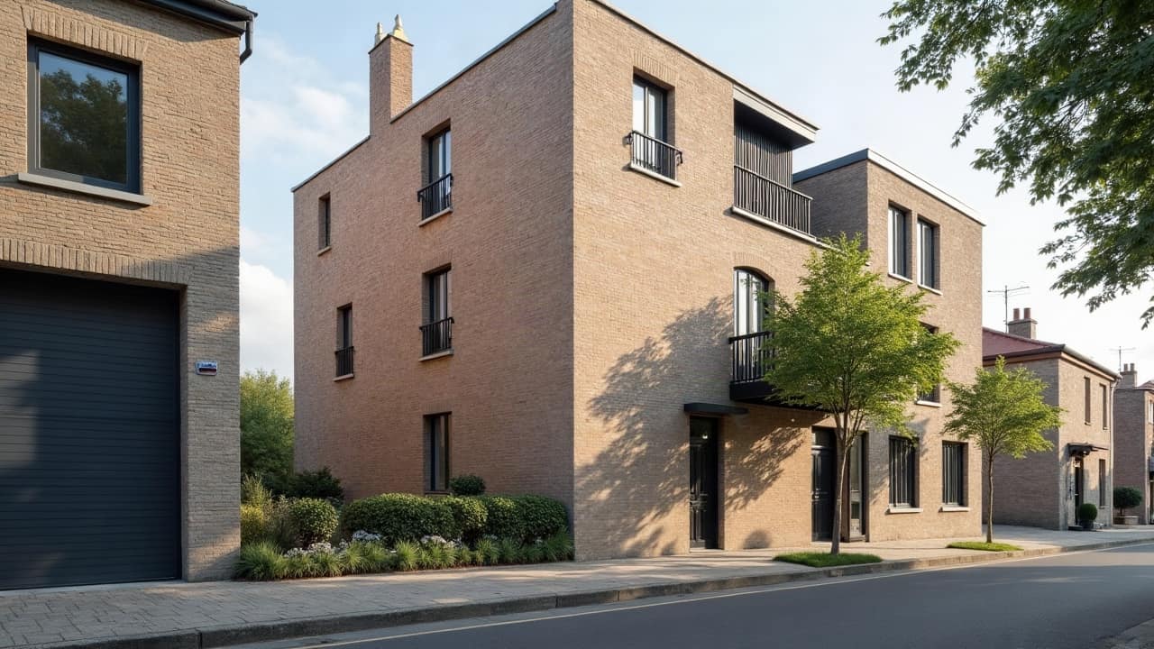 Angle d'un immeuble où se rejoignent une façade sur rue en brique propre et une façade sur cour marquée de traces sombres