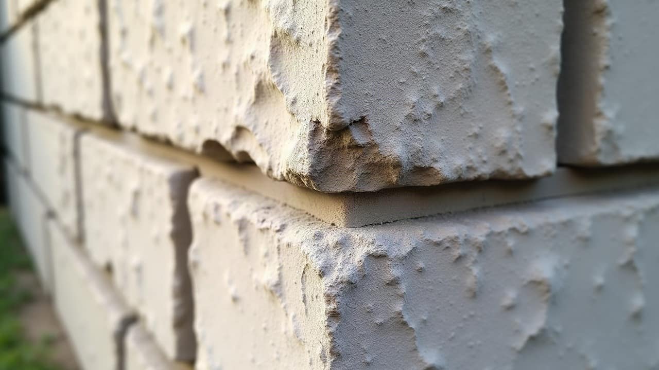 Angle de fenêtre sur un mur en pierre calcaire, fissure fine traversant directement un bloc plutôt que de suivre un joint
