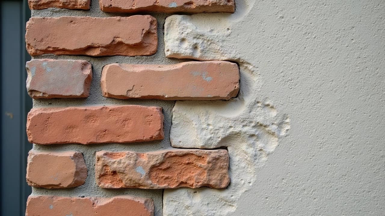 Fissure suivant un tracé en escalier le long des joints d'un mur de brique, contournant chaque élément plutôt que de le traverser