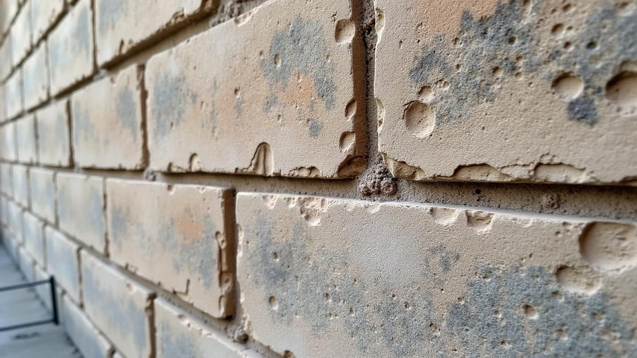 Repère tracé au marqueur de part et d'autre d'une fissure sur un mur de brique, pour suivre son évolution dans le temps
