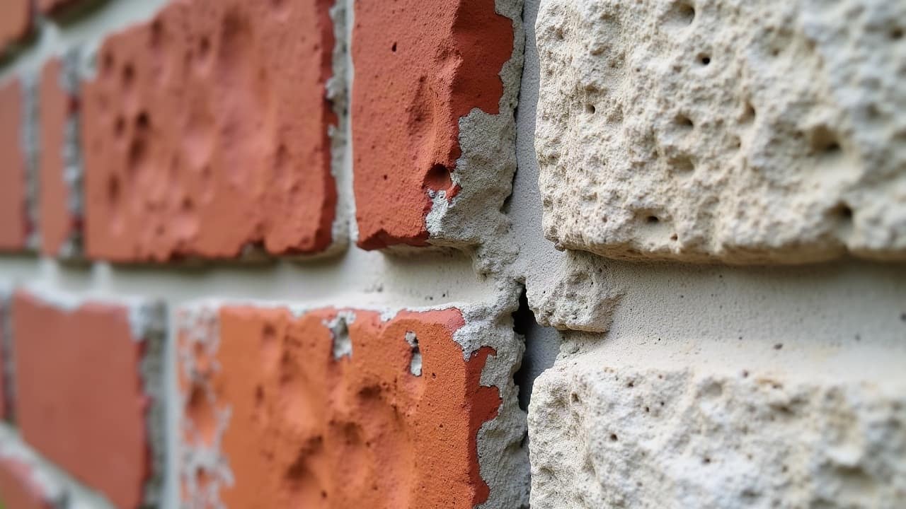 Détail de la ligne de jonction entre brique rouge et pierre claire, léger décalage visible au niveau du joint