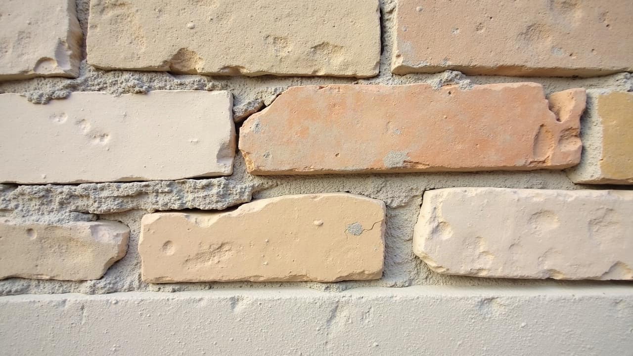 Tracé d'une fissure fine longeant plusieurs assises de brique juste au-dessus d'un chaînage en pierre