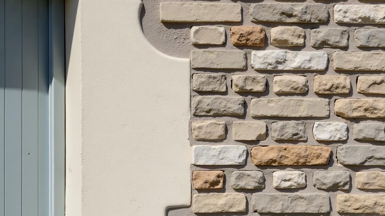 Détail d'un mur présentant un léger reflet inhabituel sous la lumière rasante, effet de surface localisé sur une portion du mortier