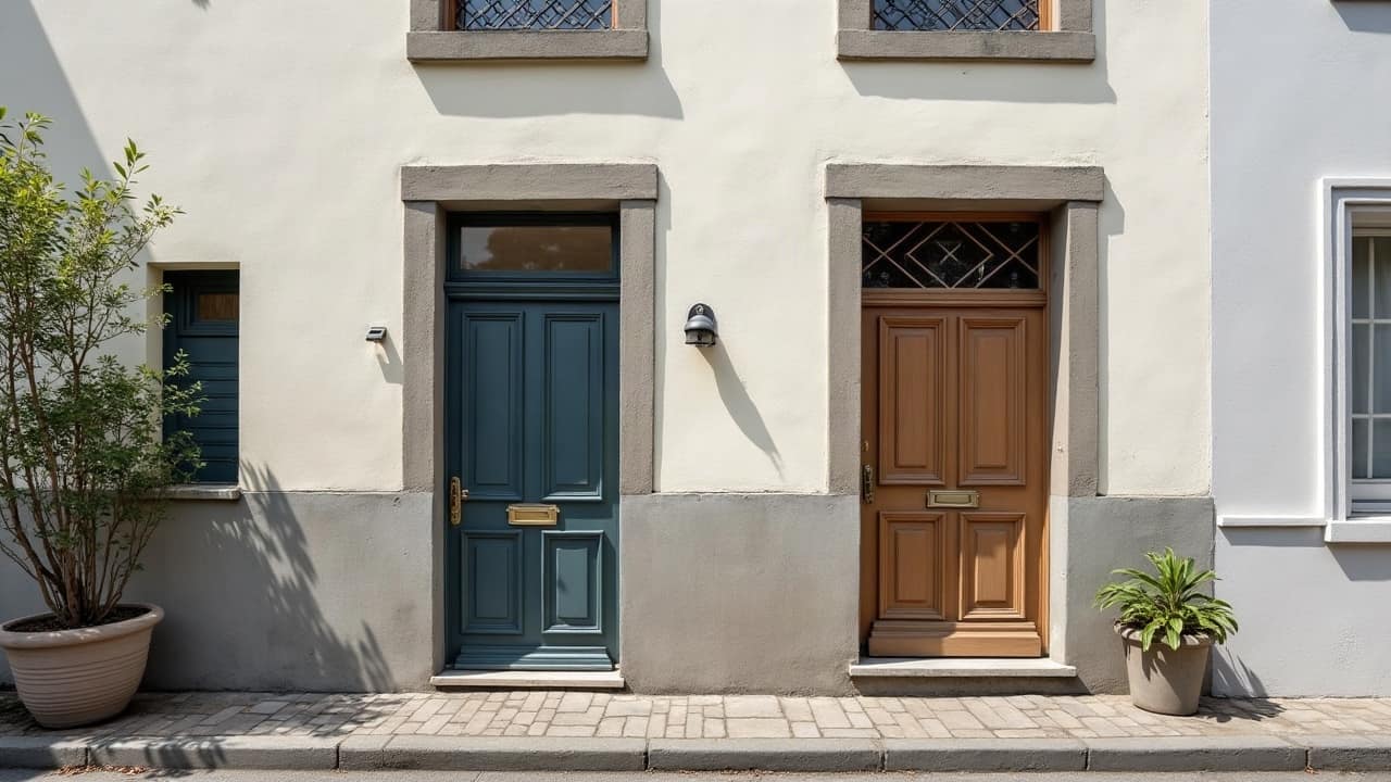 Échafaudage étroit installé entre deux immeubles mitoyens, structure ajustée à l'espace disponible entre les deux façades
