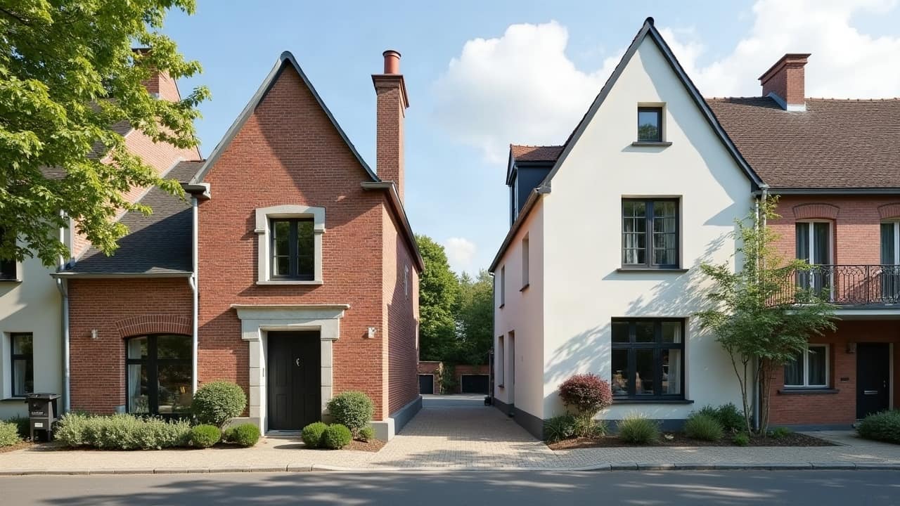 Vue rapprochée d'une ligne de mitoyenneté entre deux façades, matériaux légèrement différents visibles de chaque côté
