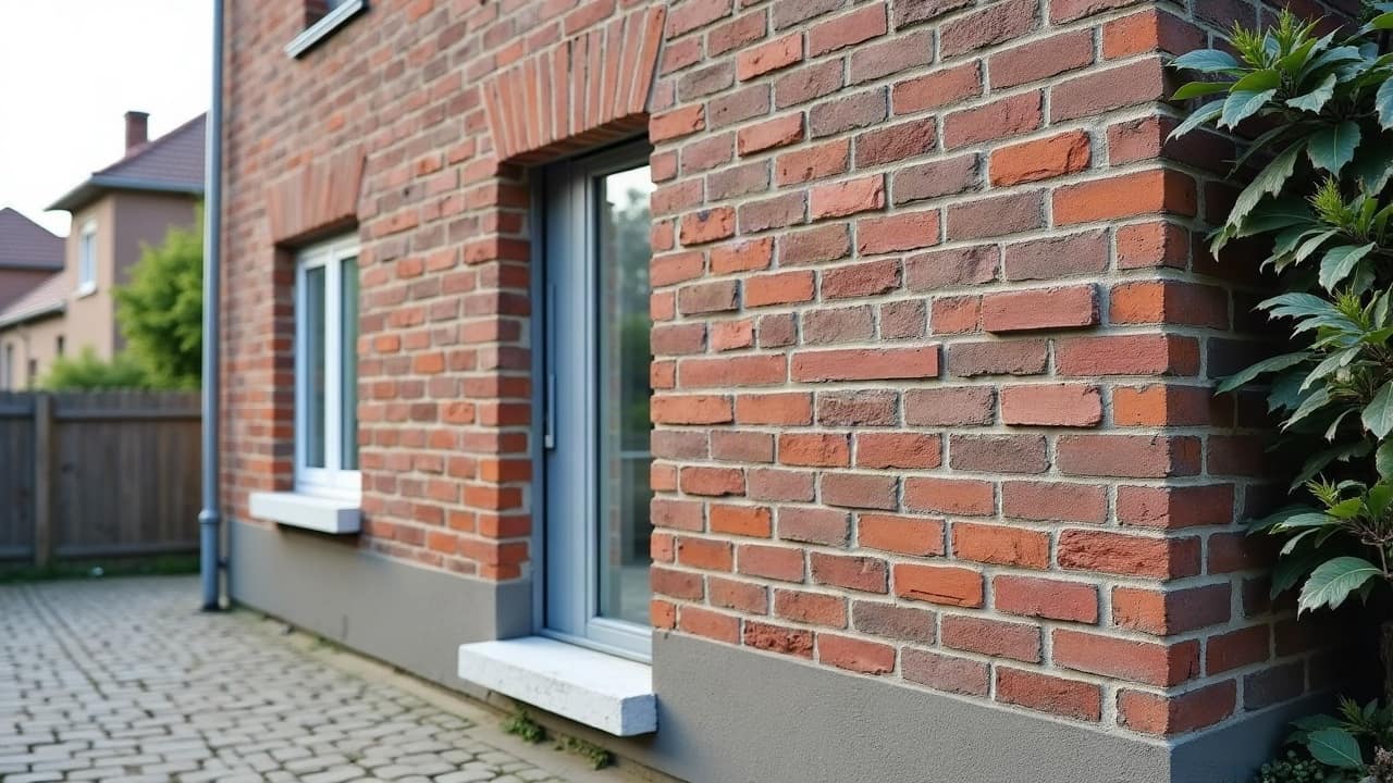 Rangée de joints de brique creusés en profondeur, plusieurs arêtes de briques directement exposées entre les éléments