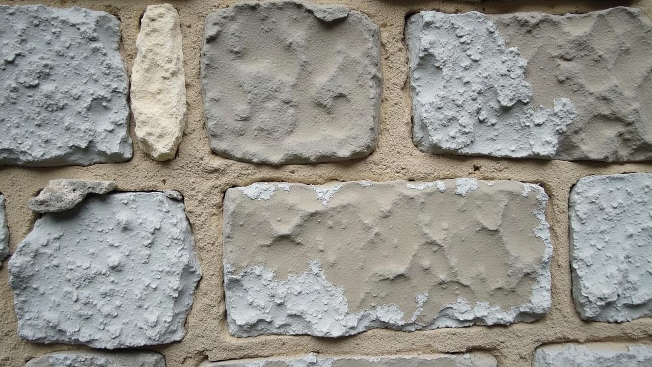 Gros plan sur des plaques de lichen gris à la texture crayeuse, incrustées dans les pores d'une pierre calcaire