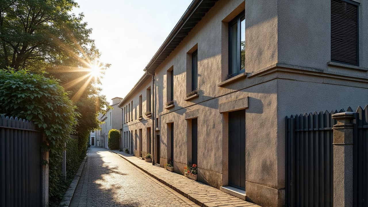 Vue d'une étroite ruelle entre deux immeubles, façade latérale dans l'ombre presque totale malgré la lumière du jour
